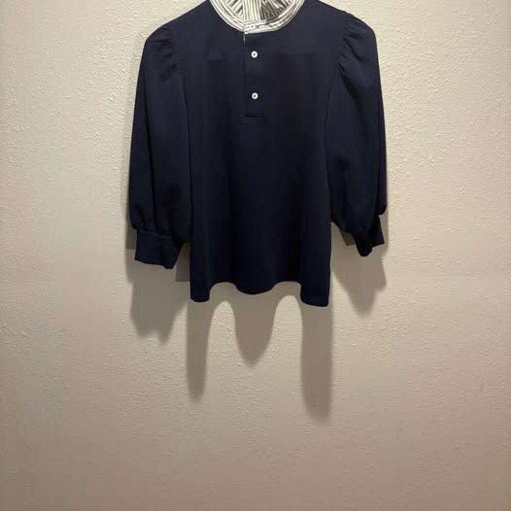 ENTRO Preppy Navy Blue Puff Sleeve Top with Striped Ruffle Collar - Small